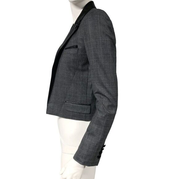 Womens The Kooples Grey Glen Check Cropped Leather Trim Blazer Jacket Size 34 XS - Picture 3 of 7